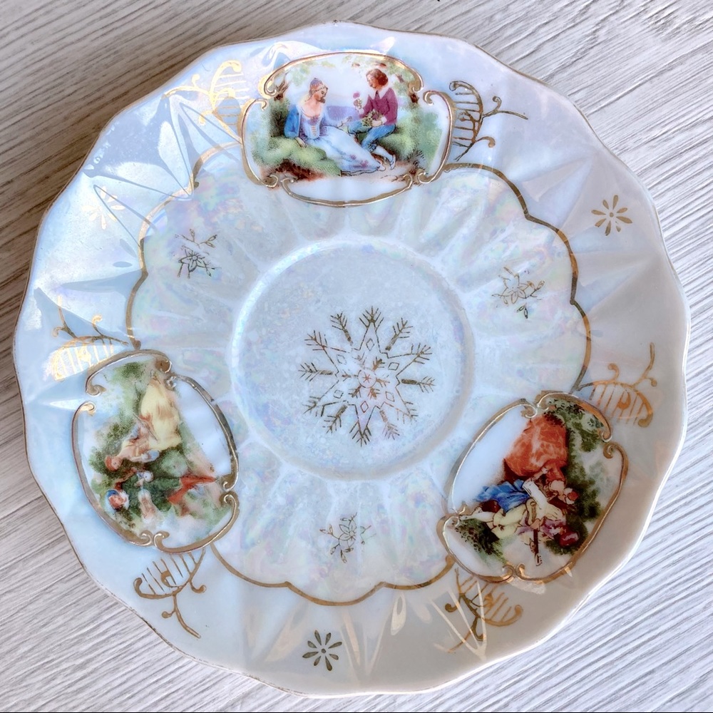 Antique China Saucer with 3 Courting Couples Iridescent Pretty Plate 3194
